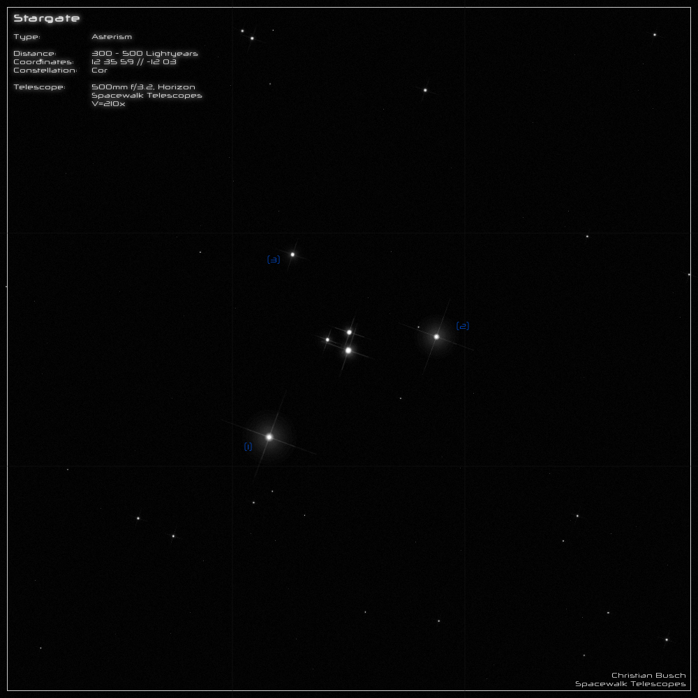Der Asterismus Stargate im Sternbild Rabe im 20 Zoll Dobson- Teleskop (Spiegelteleskop)