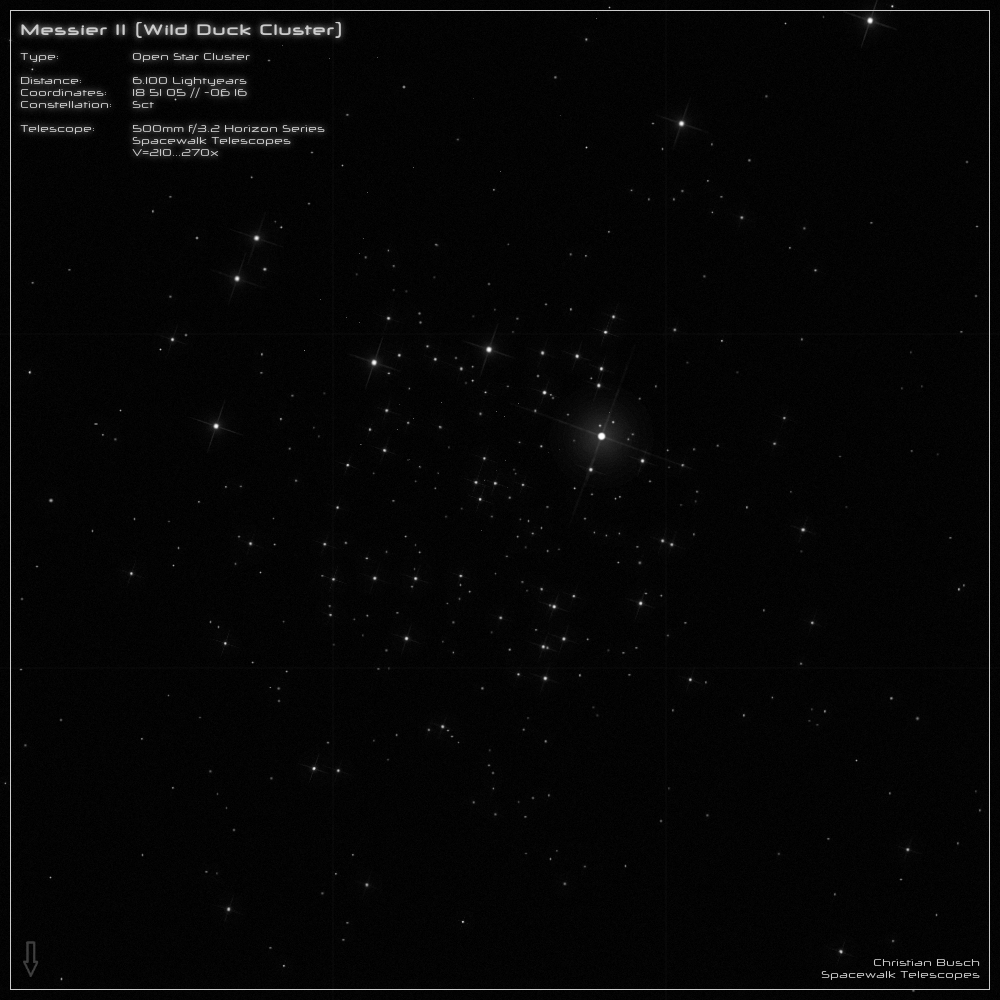 Der Wildentenhaufen Messier 11 im Sternbild Scutum im 20 Zoll Dobson- Teleskop (Spiegelteleskop)
