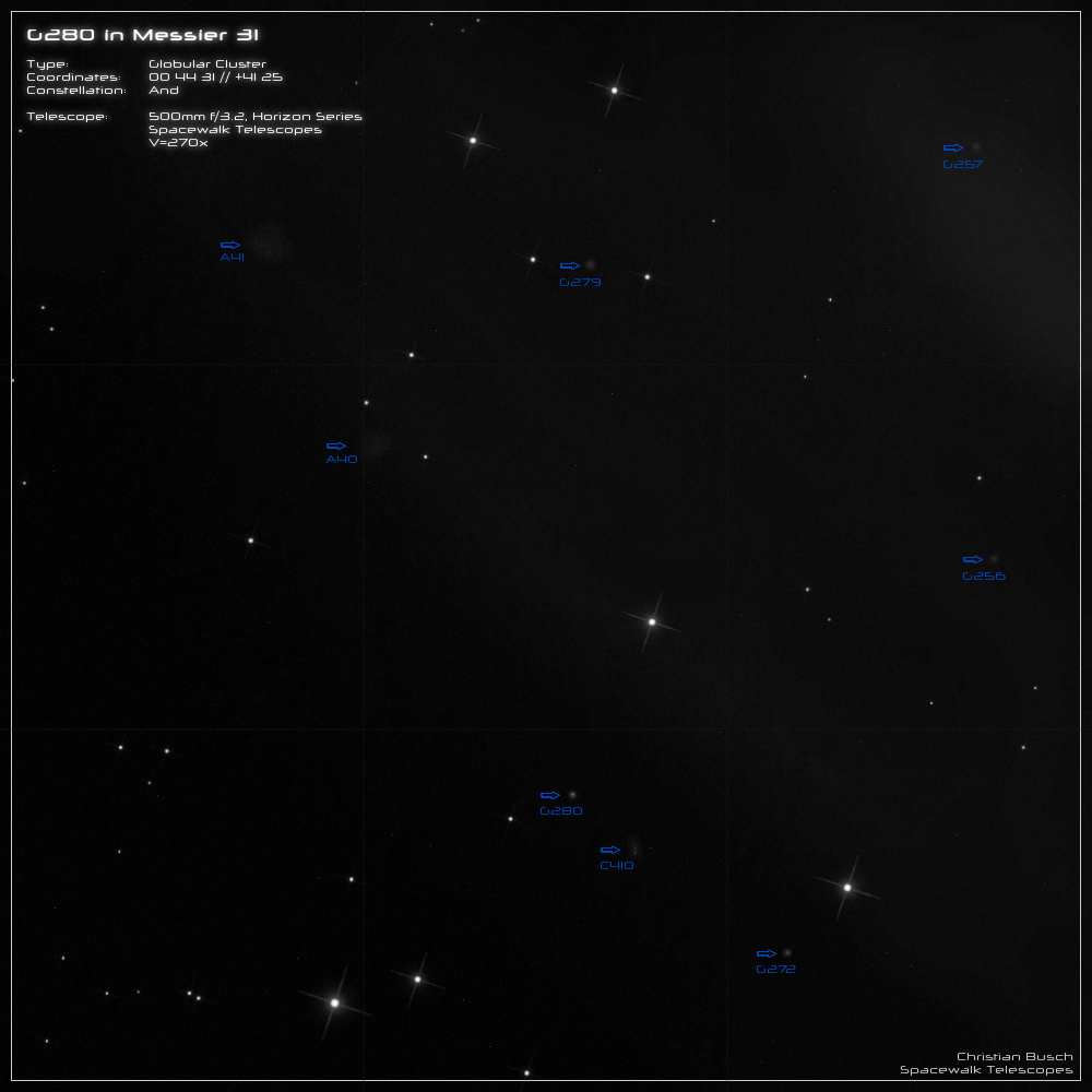 Der Kugelsternhaufen M31-G280 in der Andromeda-Galaxie im 20 Zoll Dobson- Teleskop (Spiegelteleskop)