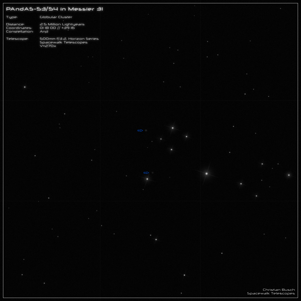 Die zwei Kugelsternhaufen PAndAS-53/54 in der Andromeda-Galaxie im 20 Zoll Dobson- Teleskop (Spiegelteleskop)