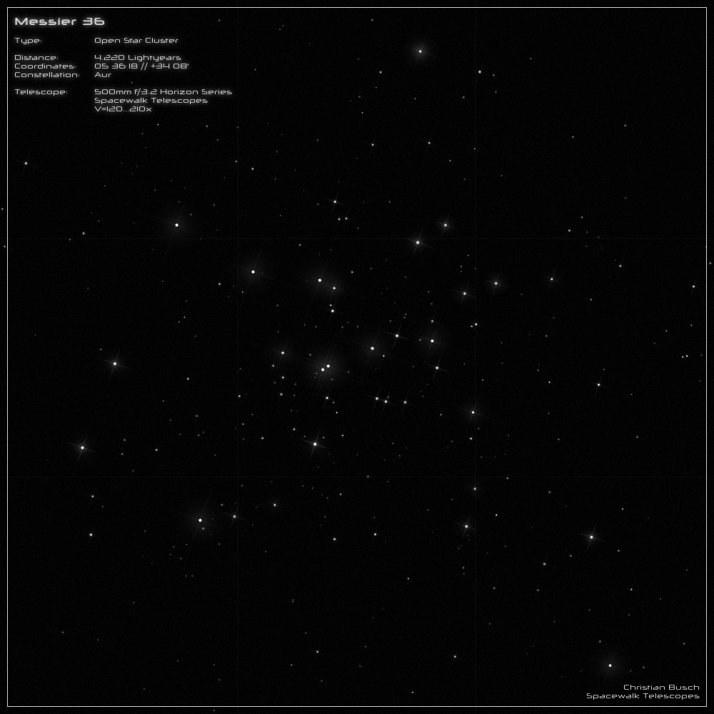 Der offene Sternhaufen Messier 36 im Sternbild Fuhrmann im 20 Zoll Dobson- Teleskop (Spiegelteleskop)