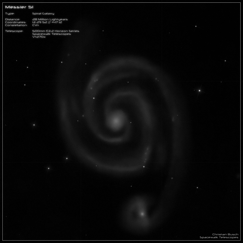 Die Whirlpool- Galaxie Messier 51 im Sternbild Jagdhunde im 20 Zoll Dobson- Teleskop (Spiegelteleskop)