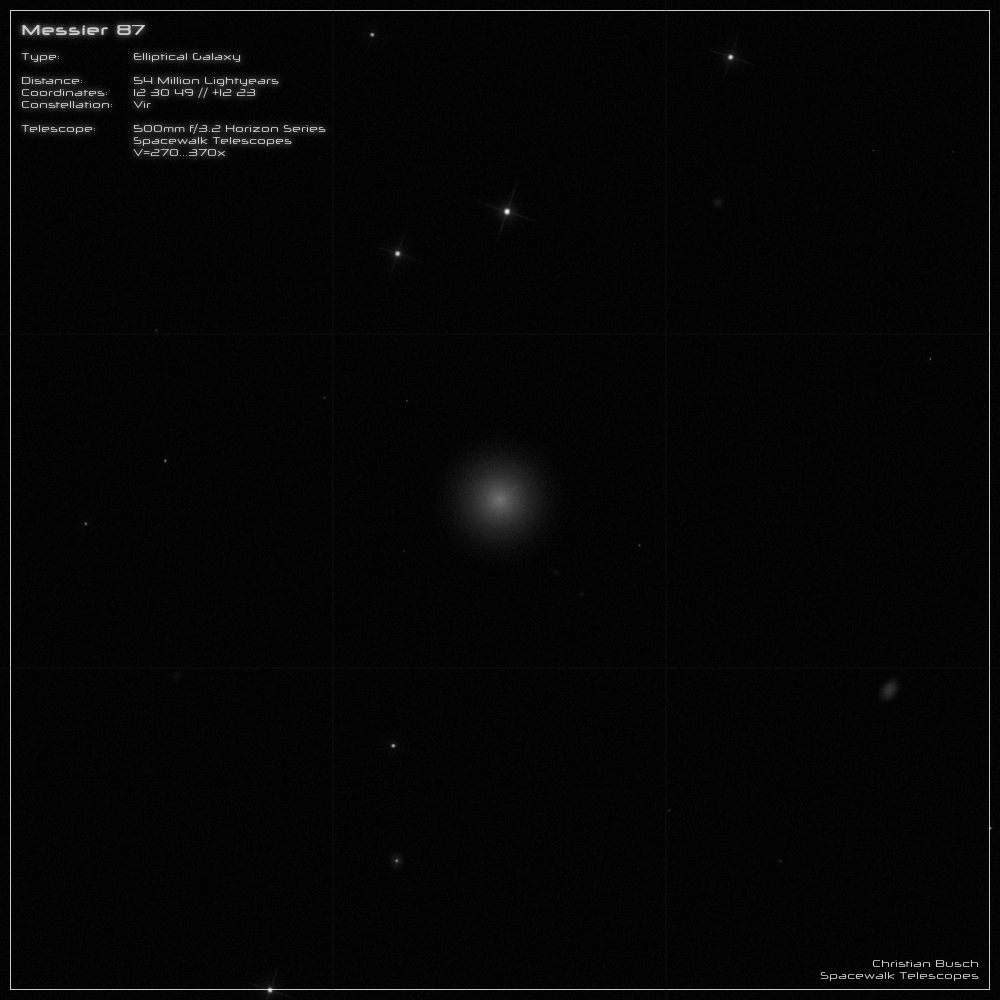 Die elliptische Galaxie Messier 87 (auch Virgo A) im Sternbild Jungfrau in einem 20 Zoll Dobson- Teleskop (Spiegelteleskop)