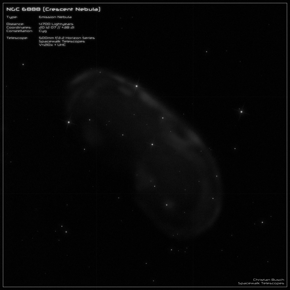 Der Crescent- Nebel NGC 6888 im Sternbild Schwan im 20 Zoll Dobson- Teleskop (Spiegelteleskop)