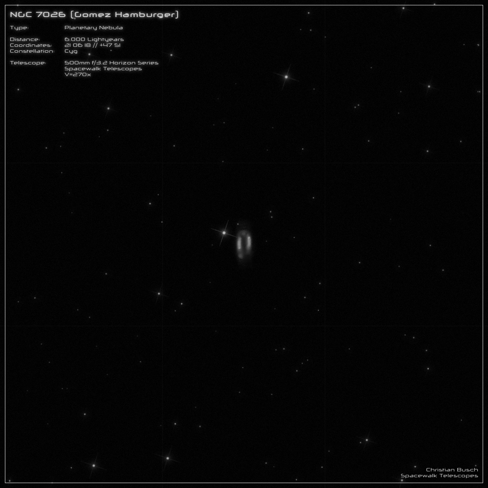 Der Planetarische Nebel NGC 7026 (Gomez Hamburger) im Sternbild Schwan im 20 Zoll Dobson- Teleskop (Spiegelteleskop)