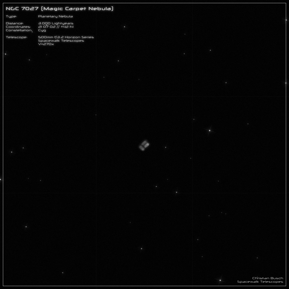 Der Planetarische Nebel NGC 7027 (Magic Carpet Nebula) im Sternbild Schwan im 20 Zoll Dobson- Teleskop (Spiegelteleskop)